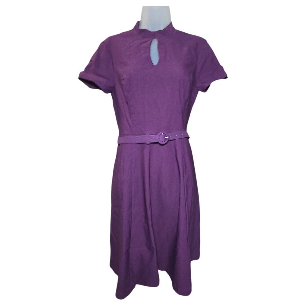 Modcloth Wom Med Purple Short Sleeve Stretch Keyhole Dress Belted Retro Twee